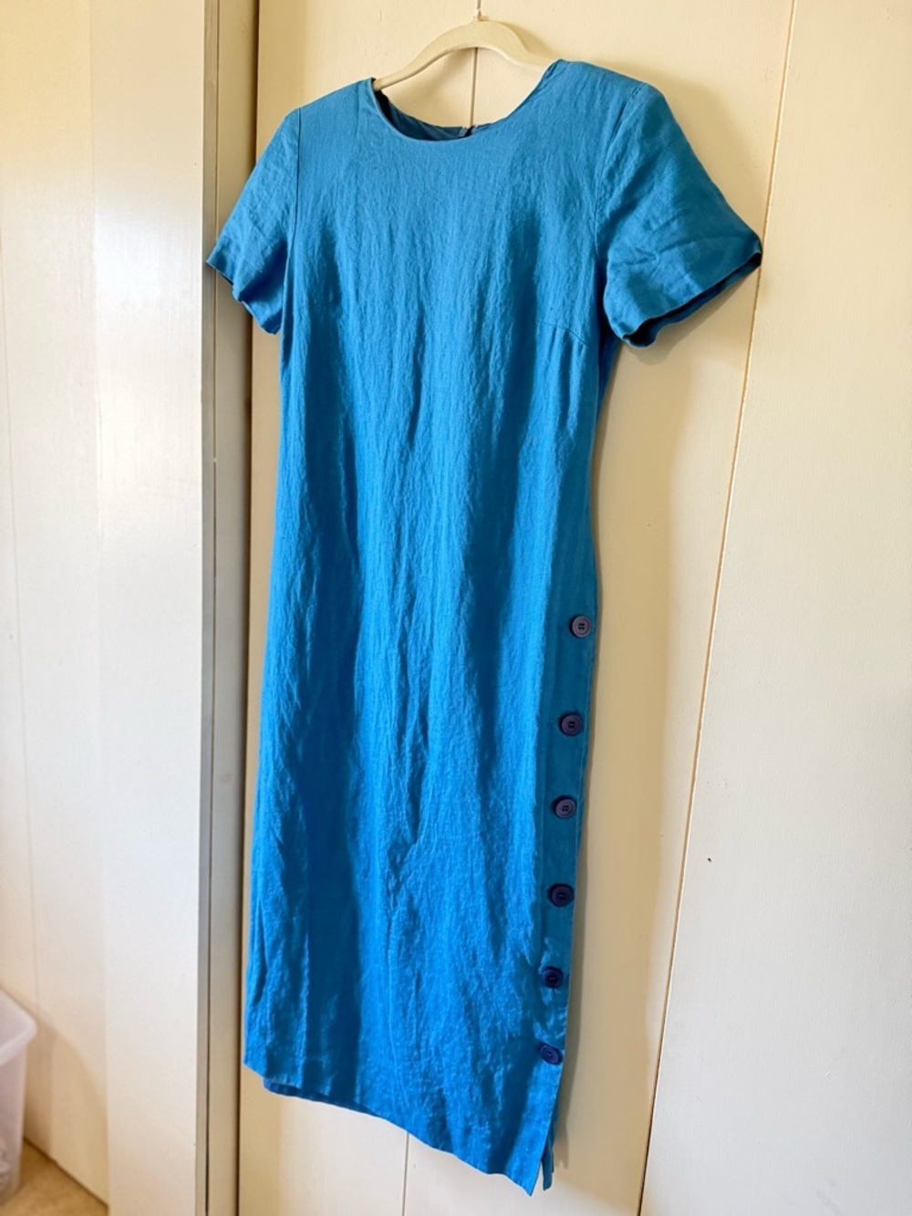 Vintage 90s Talbots Blue Short-Sleeve Midi Dress Side Button Slit Irish Linen - Picture 7 of 11